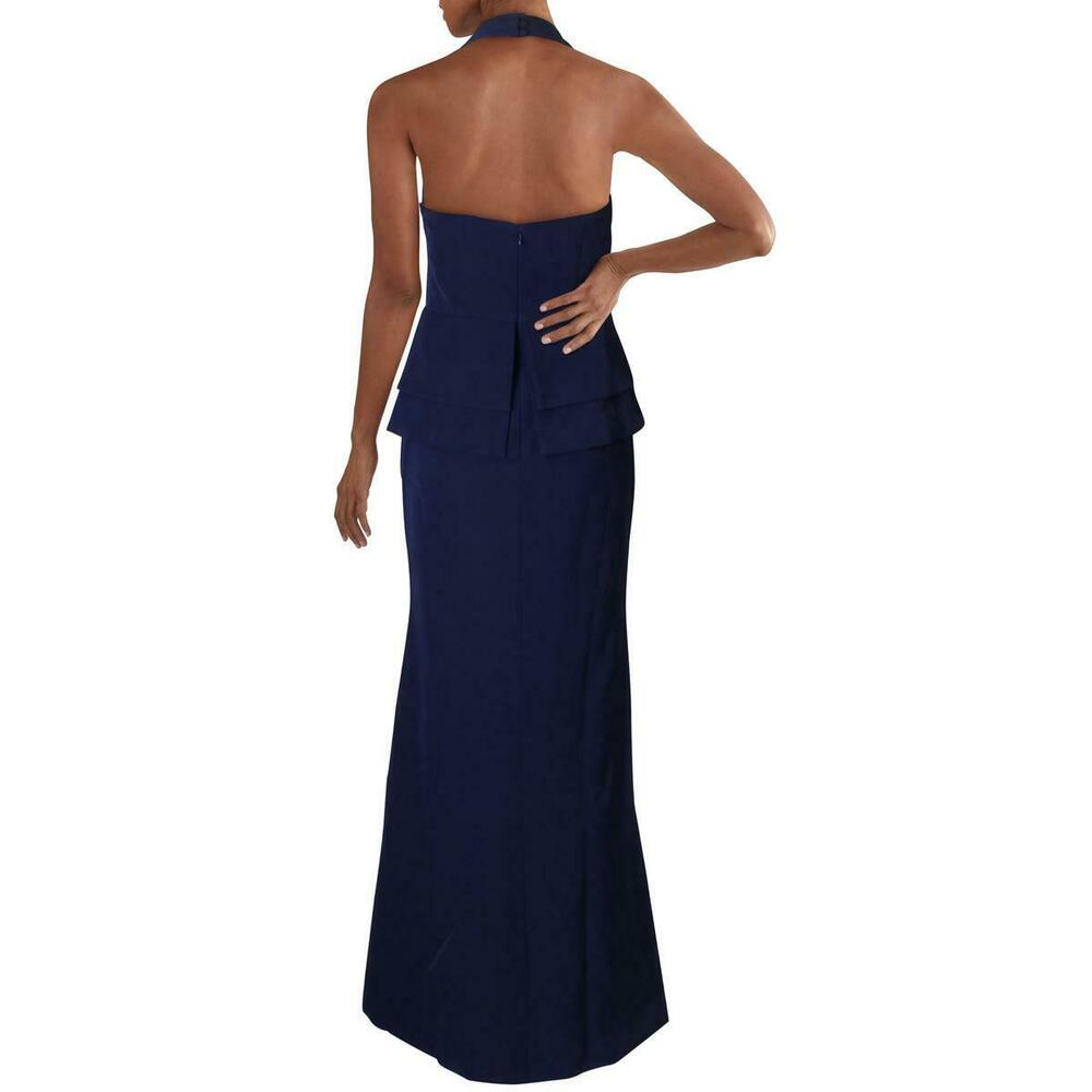 Vince Camuto Peplum Fluted Halter Gown Navy Formal Maxi Prom MOB Black Tie Dress - Picture 2 of 11